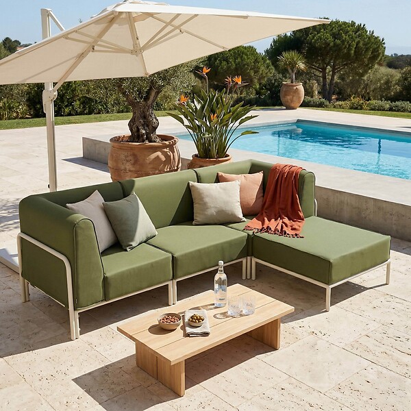 OVIALA - Salon de jardin bas modulable uni 4 places vert kaki - Patio - large