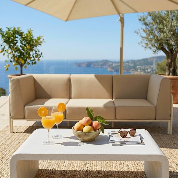 OVIALA - Salon de jardin bas modulable uni 3 places beige - Patio - large