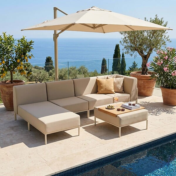OVIALA - Salon de jardin bas modulable uni 5 places beige - Patio - large