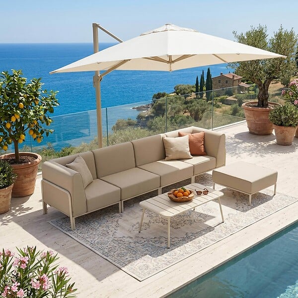 OVIALA - Salon de jardin bas modulable uni 5 places beige - Patio - large