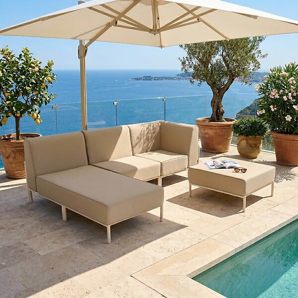 OVIALA - Salon de jardin bas modulable uni 4 places beige - Patio - large