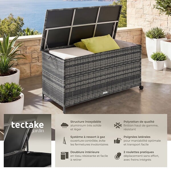 TECTAKE - Boîte de rangement Kuusamo, en rotin, avec structure en aluminium et roulettes gris - large