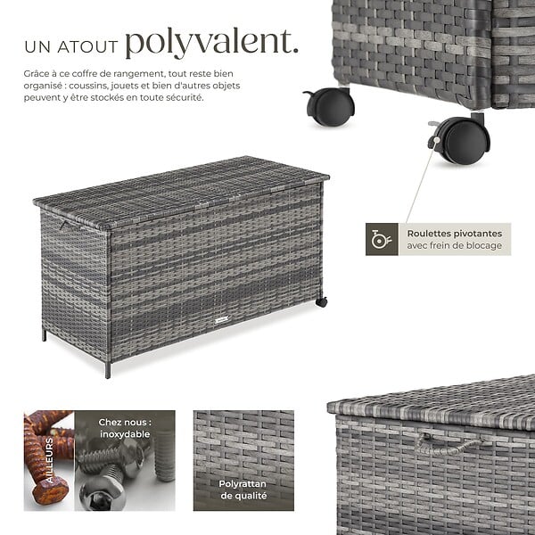TECTAKE - Boîte de rangement Kuusamo, en rotin, avec structure en aluminium et roulettes gris - large