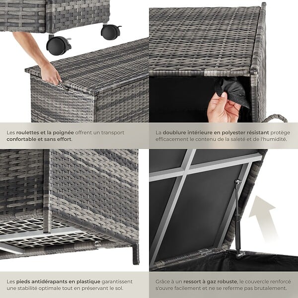 TECTAKE - Boîte de rangement Kuusamo, en rotin, avec structure en aluminium et roulettes gris - large