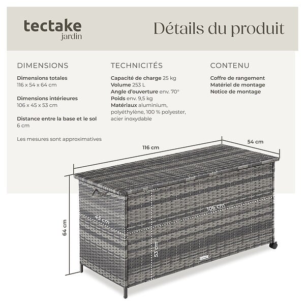TECTAKE - Boîte de rangement Kuusamo, en rotin, avec structure en aluminium et roulettes gris - large