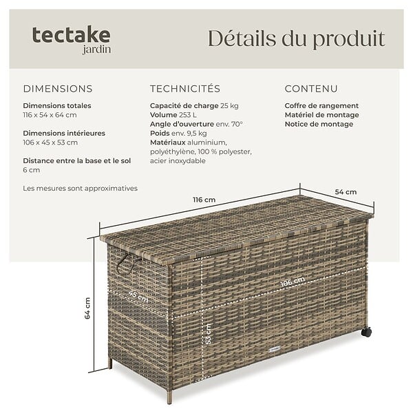 TECTAKE - Boîte de rangement Kuusamo, en rotin, avec structure en aluminium et roulettes marron naturel - large