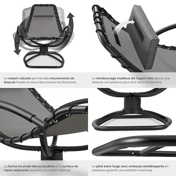 TECTAKE - Chaise longue jardin ergonomique fonction balancement gris en textilène respirant coussin tête amovible accoudoirs rembourrés 120kg - large