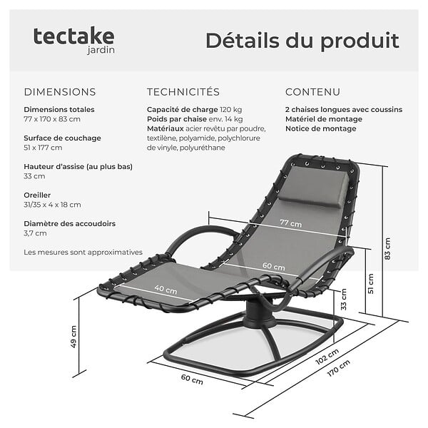 TECTAKE - Chaise longue jardin ergonomique fonction balancement gris en textilène respirant coussin tête amovible accoudoirs rembourrés 120kg - large
