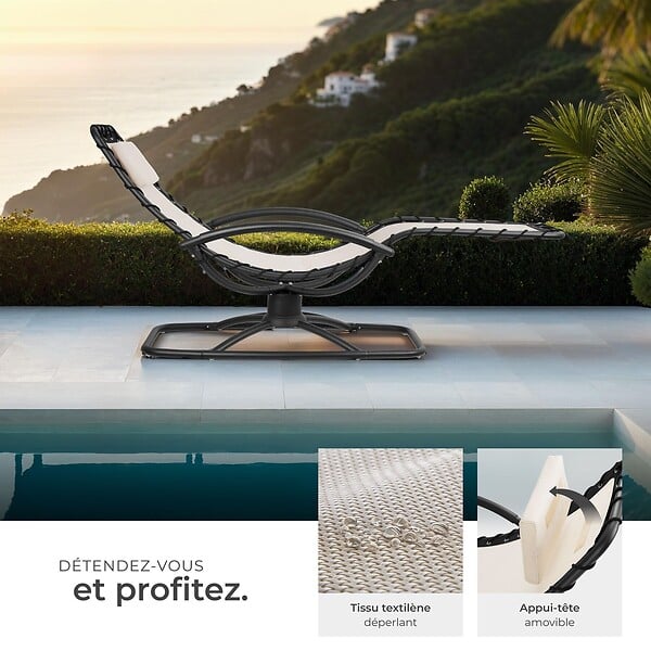 TECTAKE - Chaise longue jardin ergonomique basculante beige en textilène coussin amovible accoudoirs rembourrés acier 77x170x83cm 120kg - large