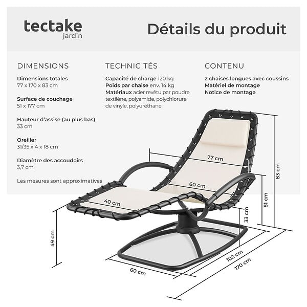 TECTAKE - Chaise longue jardin ergonomique basculante beige en textilène coussin amovible accoudoirs rembourrés acier 77x170x83cm 120kg - large