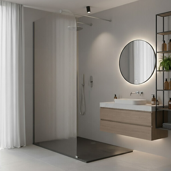 OTITEC - Paroi de douche italienne flûtée - 110 x 195 cm - Noir - Gauche - LUCIA - large