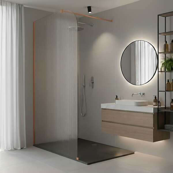 OTITEC - Paroi de douche italienne flûtée - 100 x 195 cm - Cuivre brossé - Gauche - LUCIA - large