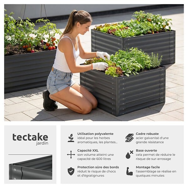 TECTAKE - Bac à fleurs surélevé en acier galvanisé anthracite 100x100x62cm potager jardin extérieur ergonomique culture légumes herbes 600L - large