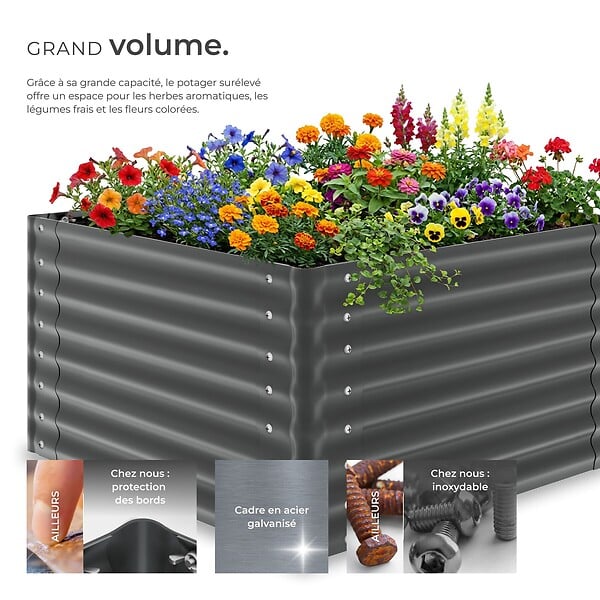 TECTAKE - Bac à fleurs surélevé en acier galvanisé anthracite 100x100x62cm potager jardin extérieur ergonomique culture légumes herbes 600L - large