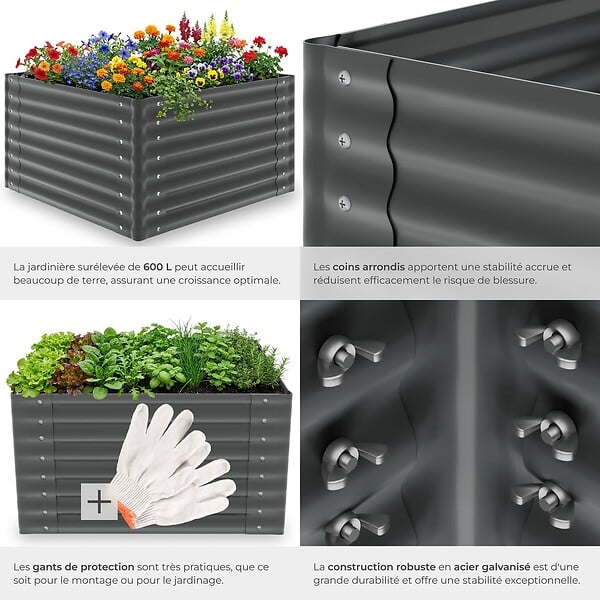 TECTAKE - Bac à fleurs surélevé en acier galvanisé anthracite 100x100x62cm potager jardin extérieur ergonomique culture légumes herbes 600L - large