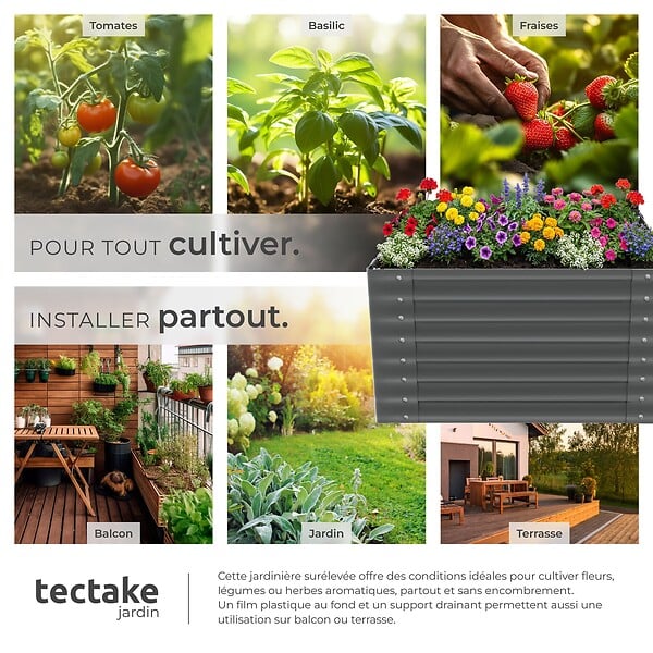TECTAKE - Bac à fleurs surélevé en acier galvanisé anthracite 100x100x62cm potager jardin extérieur ergonomique culture légumes herbes 600L - large