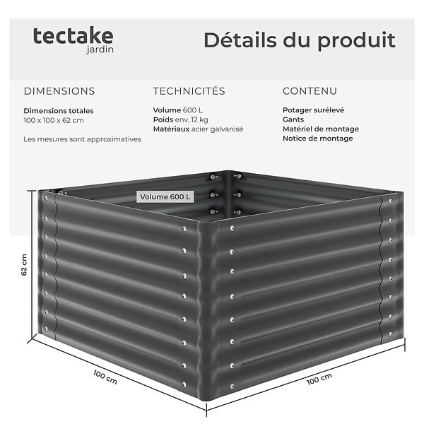 TECTAKE - Bac à fleurs surélevé en acier galvanisé anthracite 100x100x62cm potager jardin extérieur ergonomique culture légumes herbes 600L - large