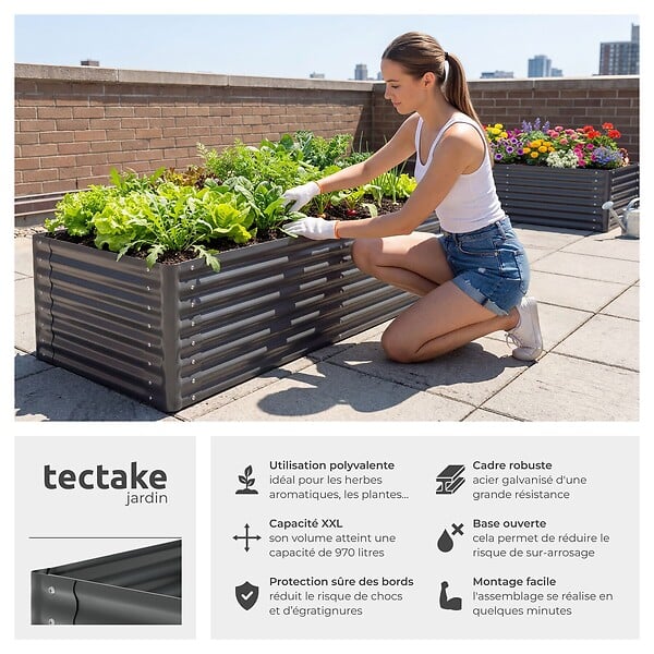 TECTAKE - Bac à fleurs surélevé stable en acier galvanisé gris anthracite bords arrondis 200 x 80 x 62 cm 970 l gants compris - large