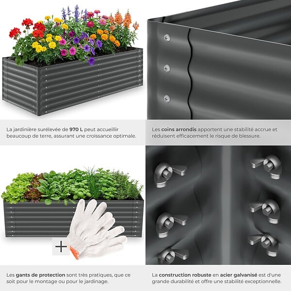 TECTAKE - Bac à fleurs surélevé stable en acier galvanisé gris anthracite bords arrondis 200 x 80 x 62 cm 970 l gants compris - large