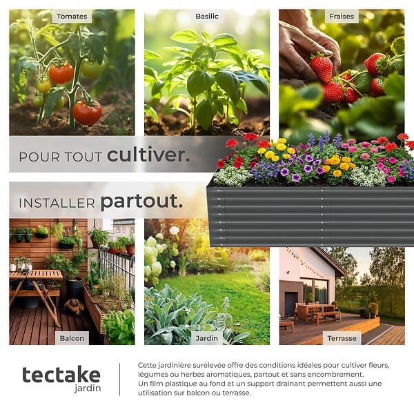 TECTAKE - Bac à fleurs surélevé stable en acier galvanisé gris anthracite bords arrondis 200 x 80 x 62 cm 970 l gants compris - large