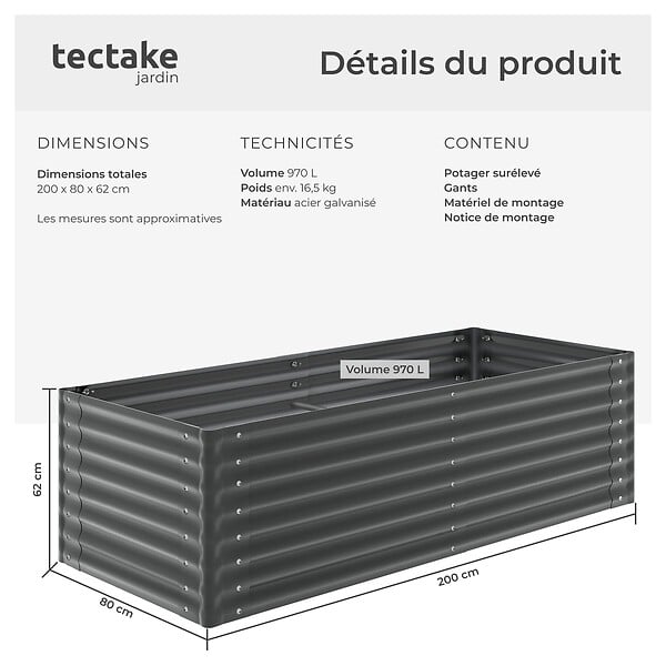 TECTAKE - Bac à fleurs surélevé stable en acier galvanisé gris anthracite bords arrondis 200 x 80 x 62 cm 970 l gants compris - large