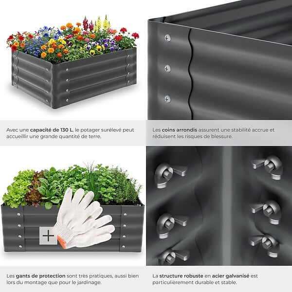TECTAKE - Jardin surélevé en acier galvanisé gris 80x60x30cm bac potager plate bande surélevée carré potager extérieur culture légumes 130L - large