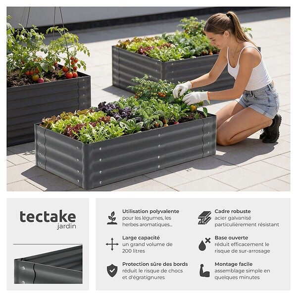 TECTAKE - Jardinière surélevée en acier galvanisé gris 120x60x30cm potager carré bac plantation légumes herbes aromatiques fleurs ergonomique 200L - large