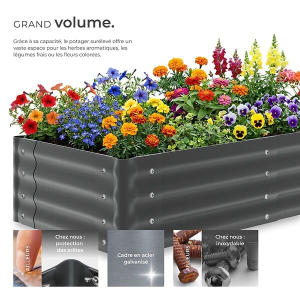 TECTAKE - Jardinière surélevée en acier galvanisé gris 120x60x30cm potager carré bac plantation légumes herbes aromatiques fleurs ergonomique 200L - large