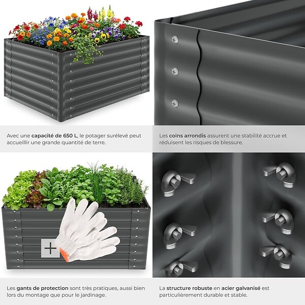 TECTAKE - Jardin surélevé potager en acier galvanisé gris 120x90x62cm bac jardinière culture ergonomique légumes herbes aromatiques fleurs 650L - large