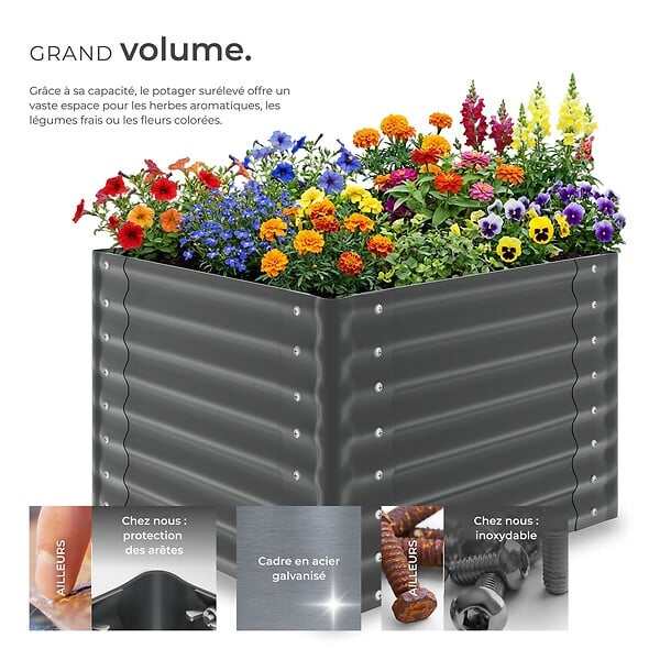 TECTAKE - Bac potager surélevé en acier galvanisé 80x80x62cm 380L gris fond ouvert hauteur ergonomique herbes légumes fleurs gants jardinage inclus - large