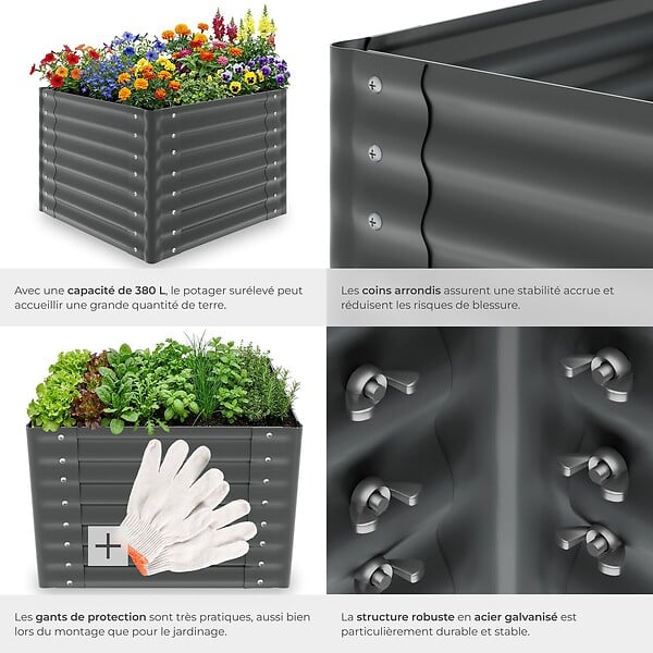 TECTAKE - Bac potager surélevé en acier galvanisé 80x80x62cm 380L gris fond ouvert hauteur ergonomique herbes légumes fleurs gants jardinage inclus - large