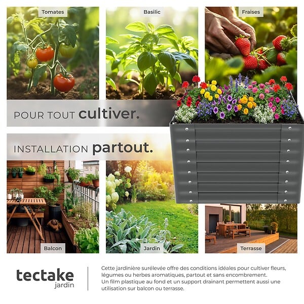 TECTAKE - Bac potager surélevé en acier galvanisé 80x80x62cm 380L gris fond ouvert hauteur ergonomique herbes légumes fleurs gants jardinage inclus - large