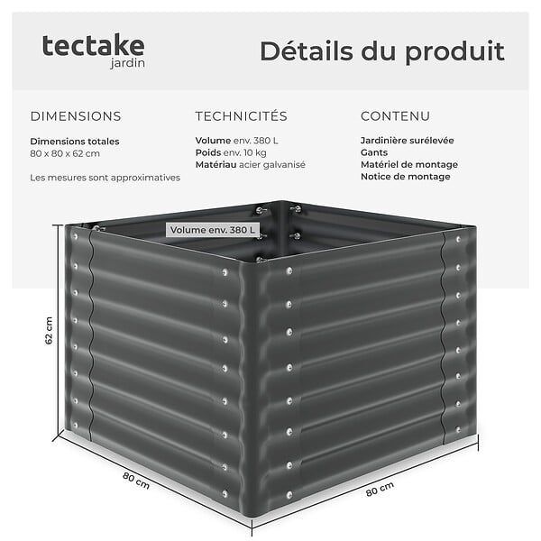 TECTAKE - Bac potager surélevé en acier galvanisé 80x80x62cm 380L gris fond ouvert hauteur ergonomique herbes légumes fleurs gants jardinage inclus - large