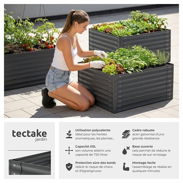 TECTAKE - Bac à fleurs surélevé stable en acier galvanisé bords arrondis 720 l gris anthracite 120 x 100 x 62 cm gants compris - large
