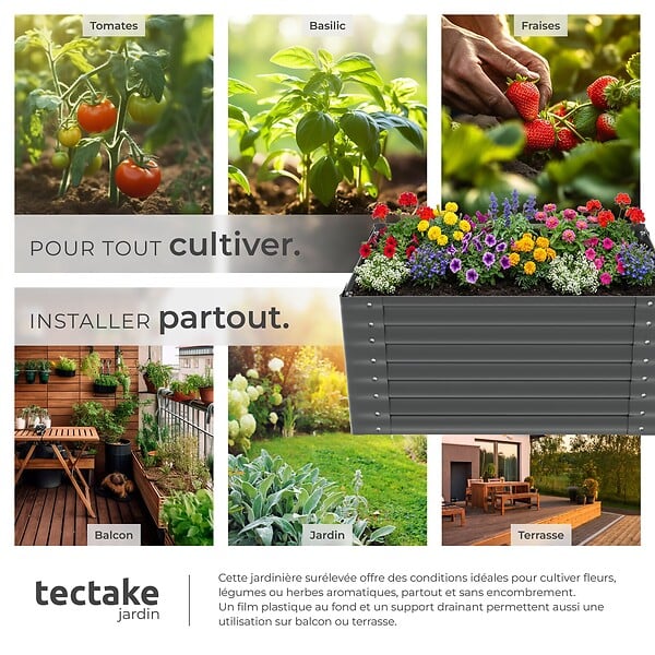 TECTAKE - Bac à fleurs surélevé stable en acier galvanisé bords arrondis 720 l gris anthracite 120 x 100 x 62 cm gants compris - large