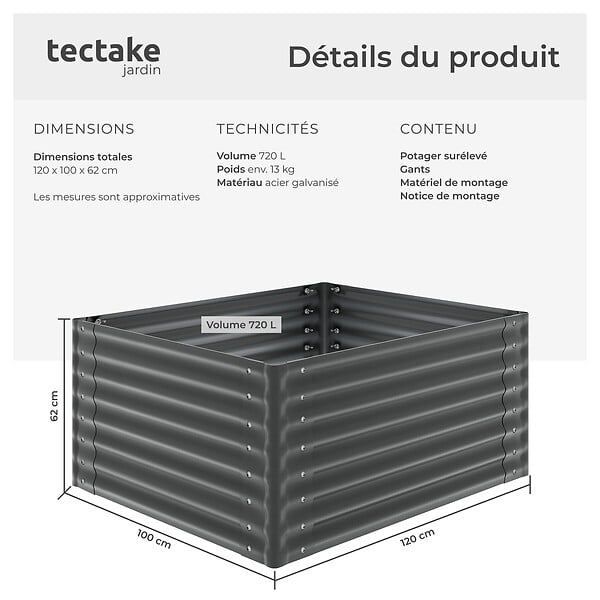 TECTAKE - Bac à fleurs surélevé stable en acier galvanisé bords arrondis 720 l gris anthracite 120 x 100 x 62 cm gants compris - large