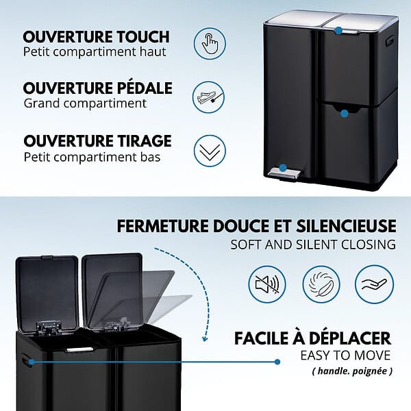 KITCHEN MOVE - Poubelle pédale tri sélectif HAJA noir 60L - large