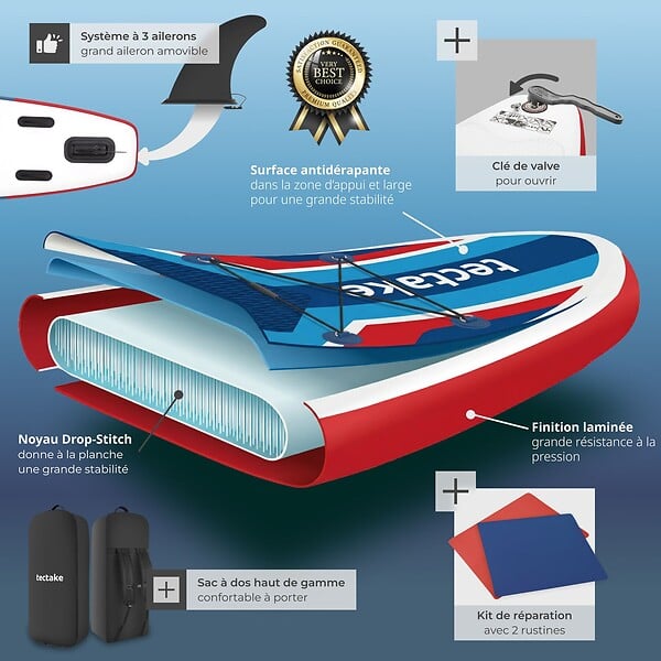 TECTAKE - Planche de stand-up paddle 2 en 1 gonflable kit complet rouge/bleu - large