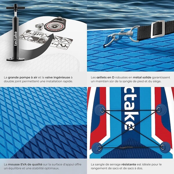 TECTAKE - Planche de stand-up paddle 2 en 1 gonflable kit complet rouge/bleu - large