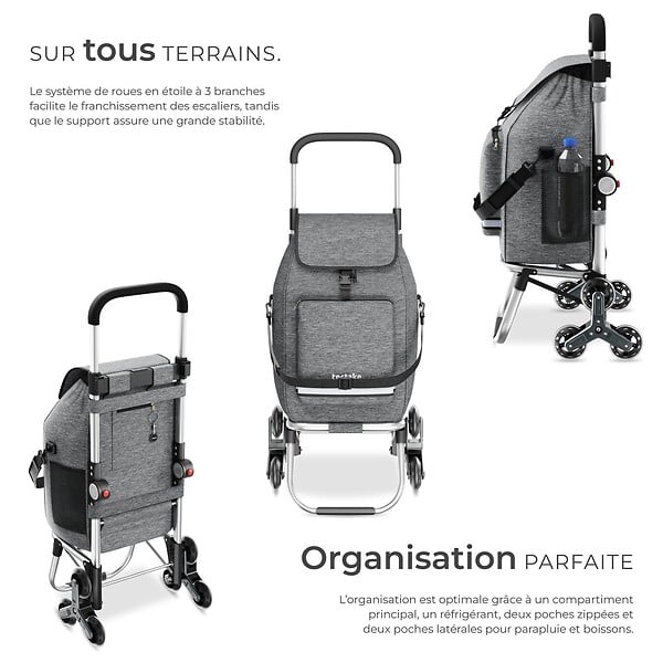 TECTAKE - Chariot de courses SHOPPER 3 en 1 pliable avec sac isotherme gris - large