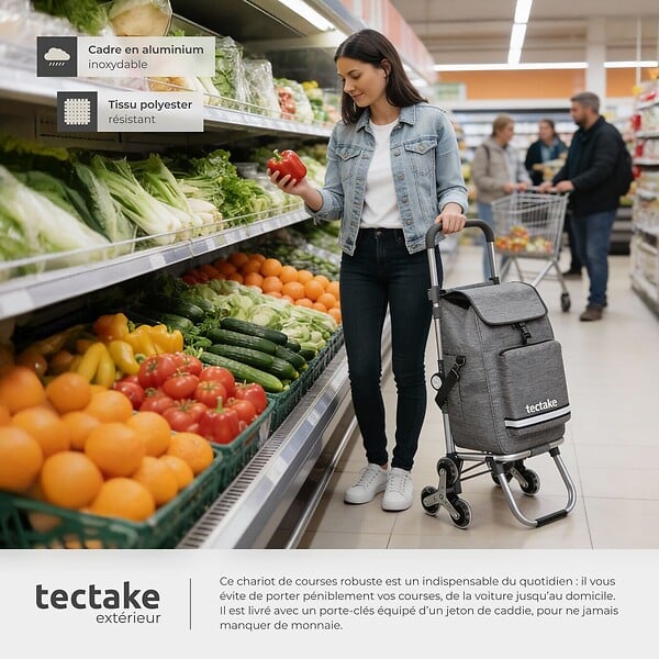 TECTAKE - Chariot de courses SHOPPER 3 en 1 pliable avec sac isotherme gris - large
