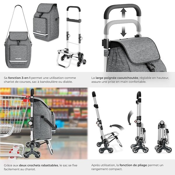 TECTAKE - Chariot de courses SHOPPER 3 en 1 pliable avec sac isotherme gris - large