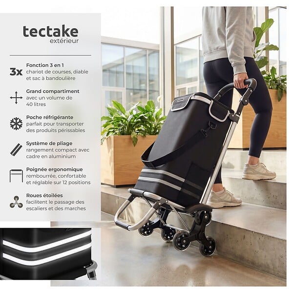 TECTAKE - Chariot de courses pliable 3 en 1 noir avec sac isotherme roues tout terrain caddie aluminium 56L diable panier roulettes 30kg polyester - large