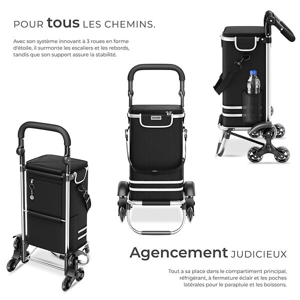 TECTAKE - Chariot de courses pliable 3 en 1 noir avec sac isotherme roues tout terrain caddie aluminium 56L diable panier roulettes 30kg polyester - large