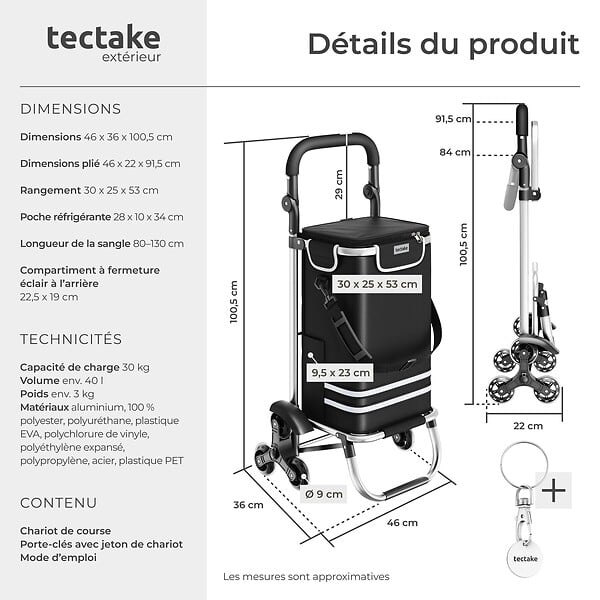 TECTAKE - Chariot de courses pliable 3 en 1 noir avec sac isotherme roues tout terrain caddie aluminium 56L diable panier roulettes 30kg polyester - large