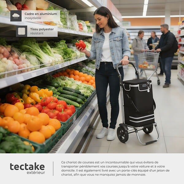 TECTAKE - Chariot de courses 3 en 1 pliable noir sac isotherme caddie bandoulière diable châssis aluminium grand volume rangement poignée réglable - large