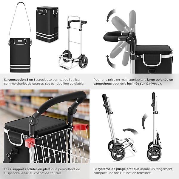 TECTAKE - Chariot de courses 3 en 1 pliable noir sac isotherme caddie bandoulière diable châssis aluminium grand volume rangement poignée réglable - large