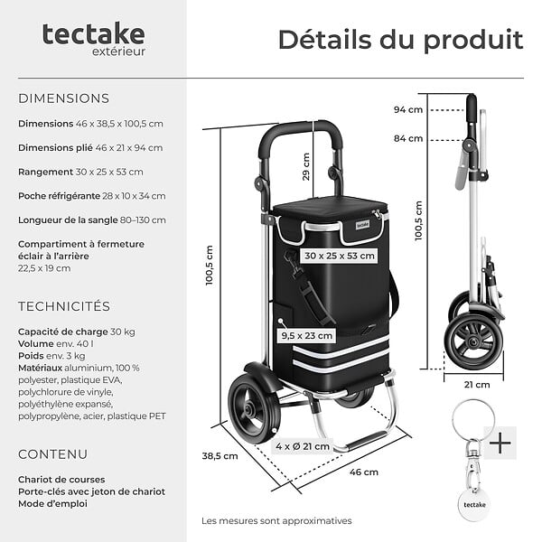 TECTAKE - Chariot de courses 3 en 1 pliable noir sac isotherme caddie bandoulière diable châssis aluminium grand volume rangement poignée réglable - large
