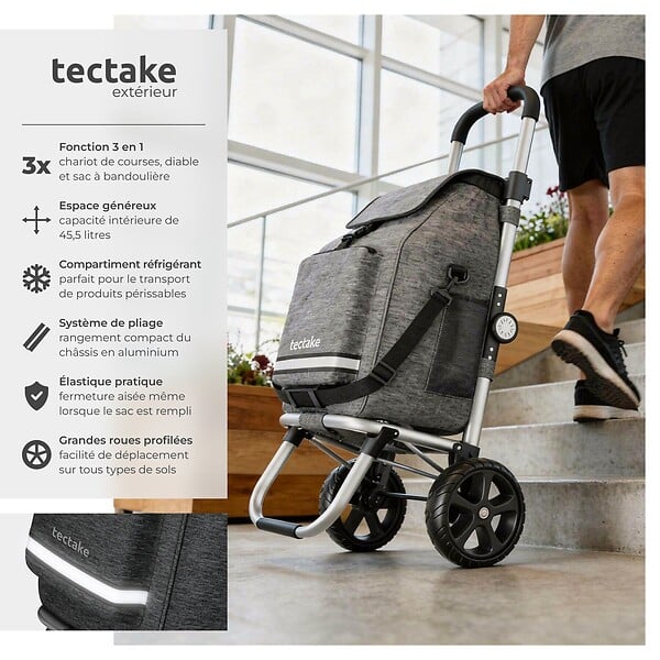 TECTAKE - Chariot de courses 3 en 1 pliable gris avec sac isotherme diable bandoulière caddie 56L aluminium réglable 30kg poussette provisions - large
