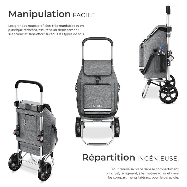 TECTAKE - Chariot de courses 3 en 1 pliable gris avec sac isotherme diable bandoulière caddie 56L aluminium réglable 30kg poussette provisions - large